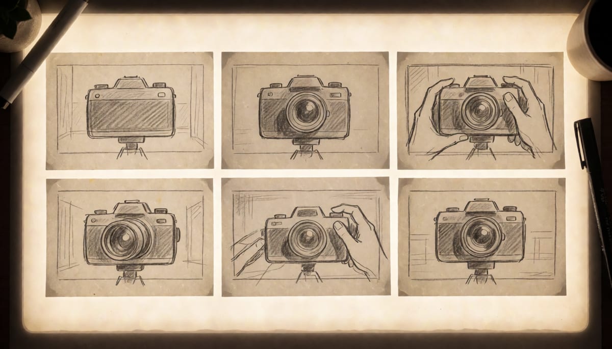 Storyboard cards laid out on a light table showing six numbered shots of a thirty second sequence
