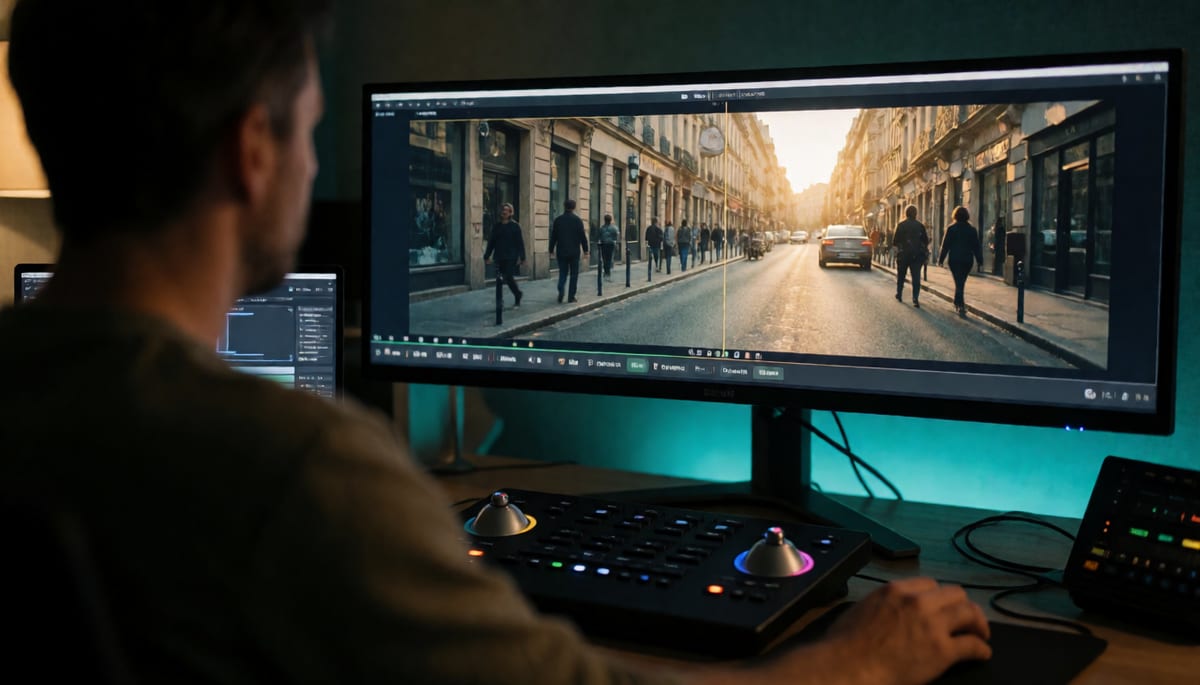 A creator at a colour-grading suite reviewing a finished thirty second sequence on a wide monitor