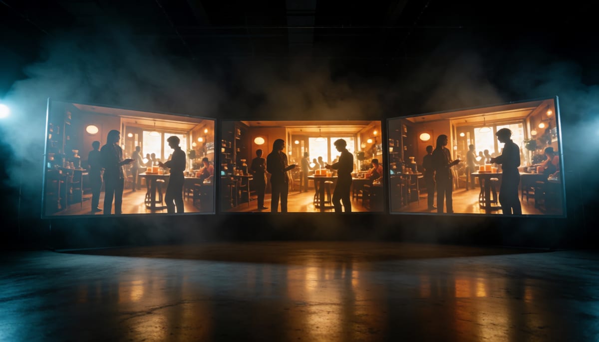 Wide cinematic shot of a finished commercial sequence playing across three synced screens in a dark studio