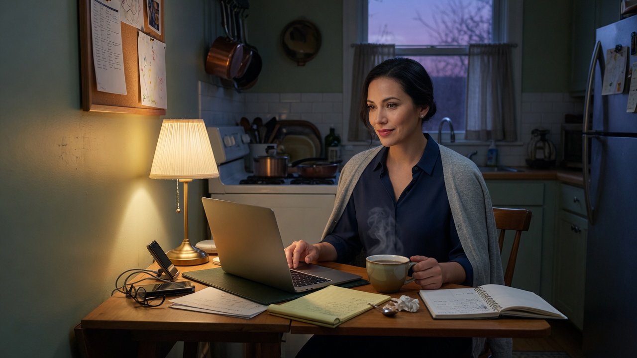 Early-morning interview setup with face-height light looking composed