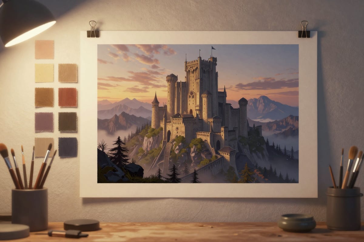 Imagera Extreme Detailer interface showing texture controls applied to a fantasy concept art piece