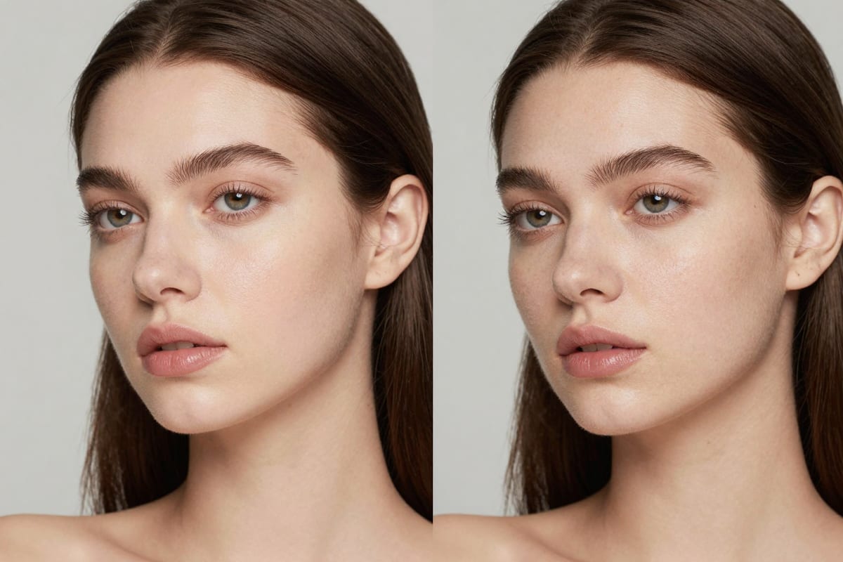 Side-by-side comparison showing an AI portrait before and after Extreme Detailer processing — left shows smooth synthetic skin, right shows visible pores and natural hair texture