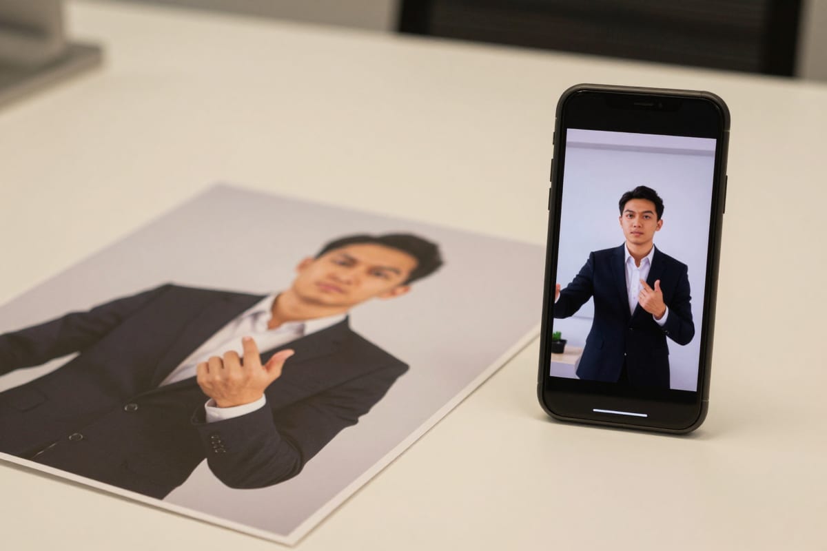 A single portrait photo on the left transforming into three vertical reel frames — a lifestyle scene, a talking-to-camera clip, and a confident office moment