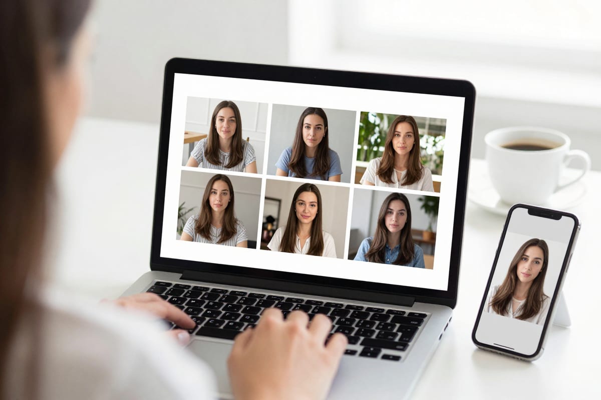 A weekly content calendar on a laptop screen showing a row of vertical reels of the same person in different settings, scheduled across the week