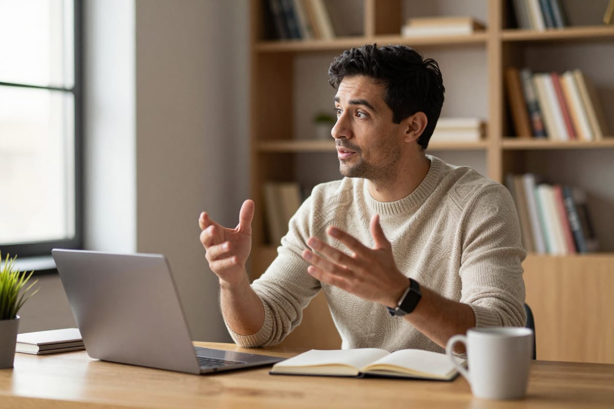 Professional at a calm sunlit desk in explainer posture, the desk explainer talking head format for founder content