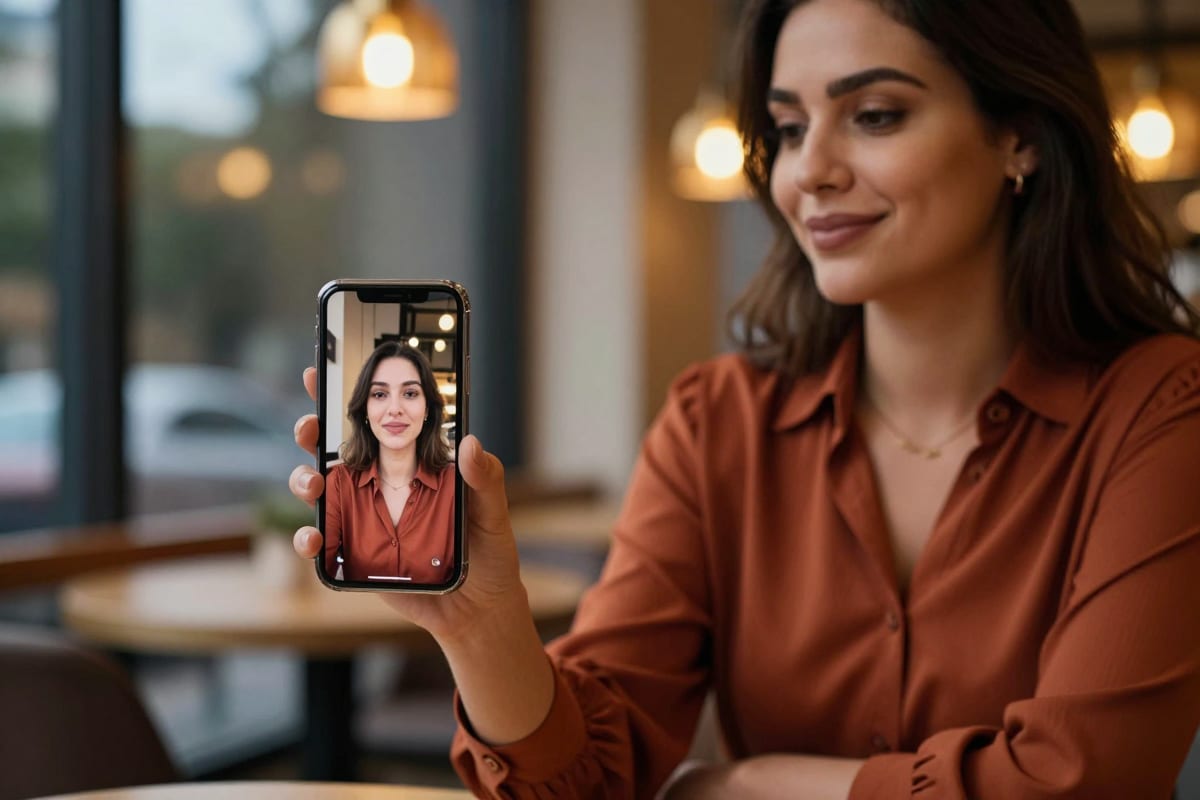 Camera-shy founder at a cafe checking her posting streak, phone playing a vertical talking-head reel of herself