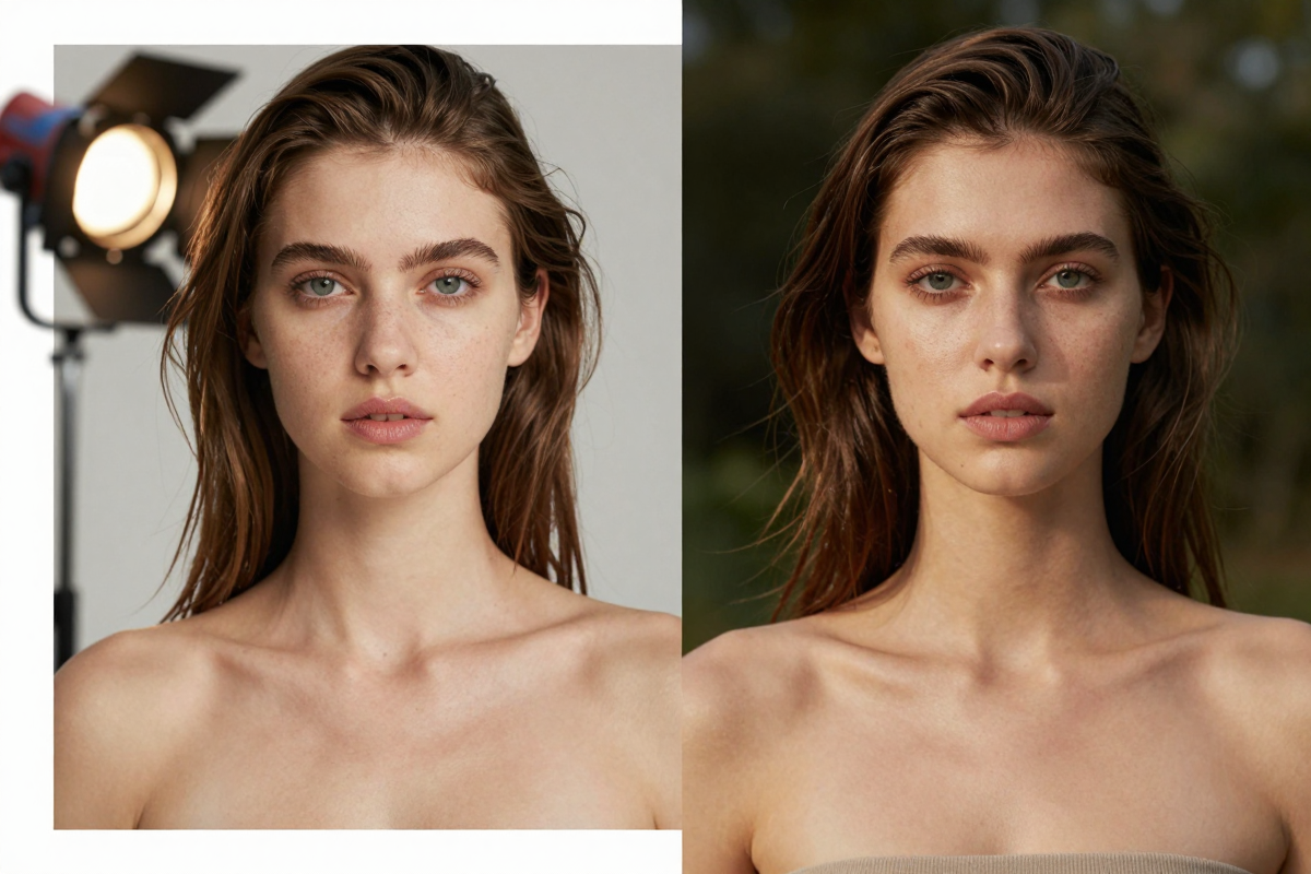 Side-by-side photoreal portraits of the same person in two lighting styles