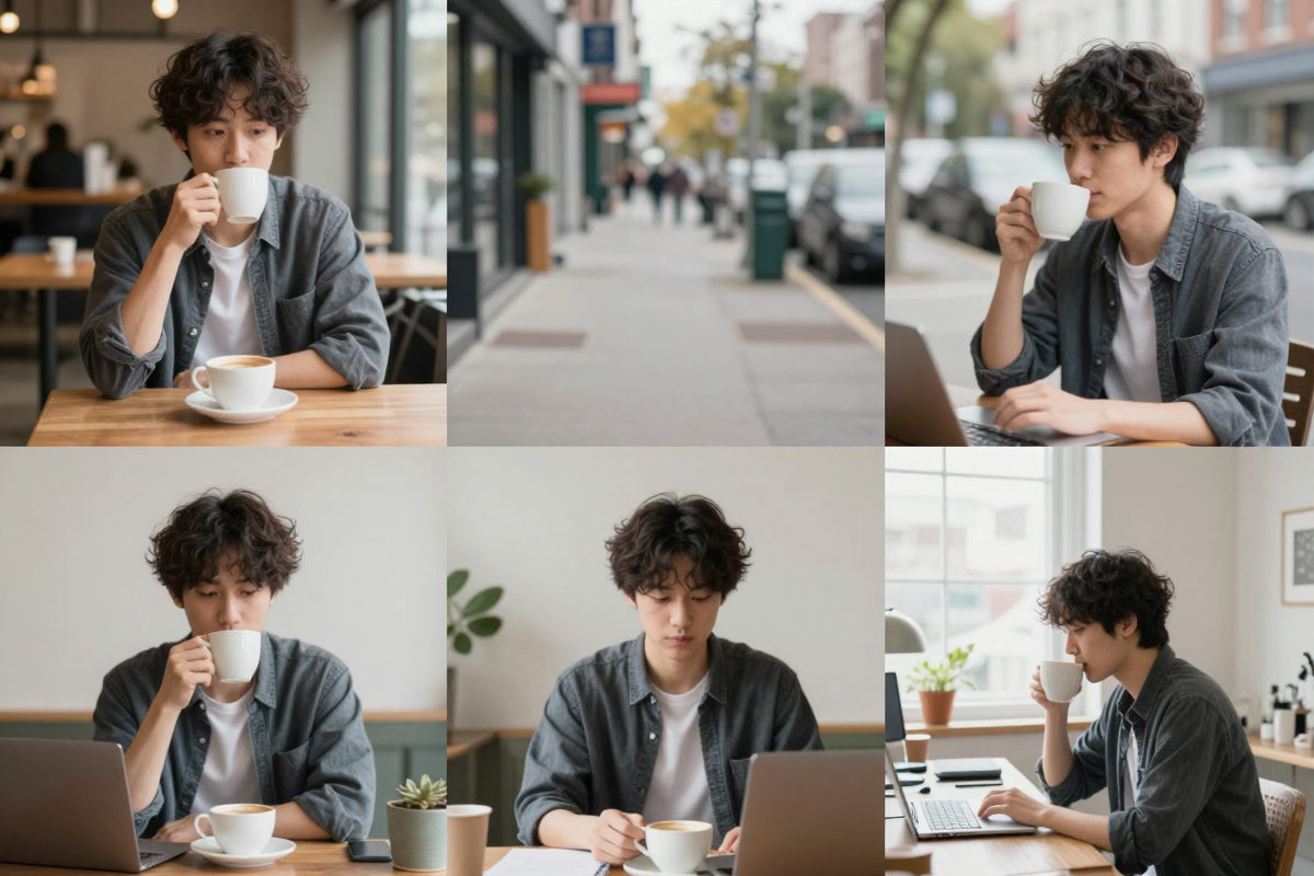 A consistent AI character shown in three everyday lifestyle scenes