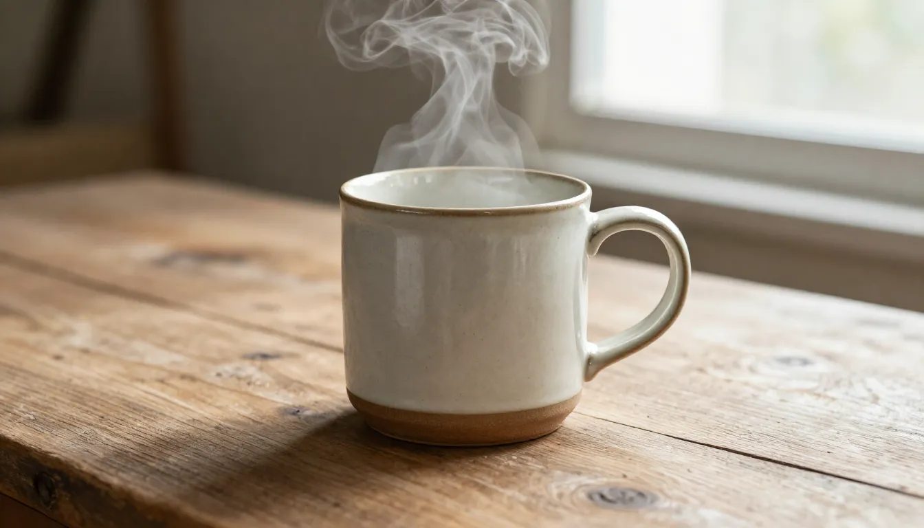 Realistic lifestyle product photo of a mug on a wooden table with natural light and texture