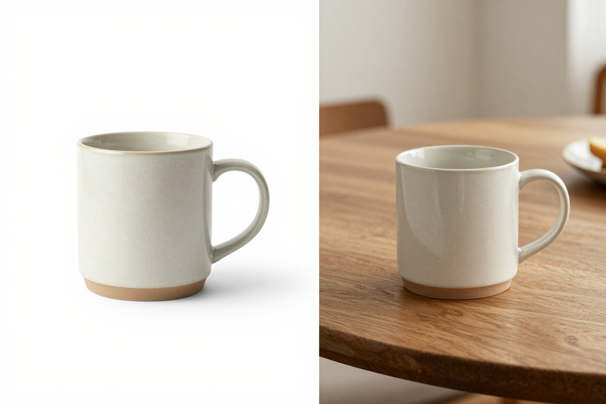 A plain white-background mug shot beside the same mug staged in a lifestyle breakfast scene