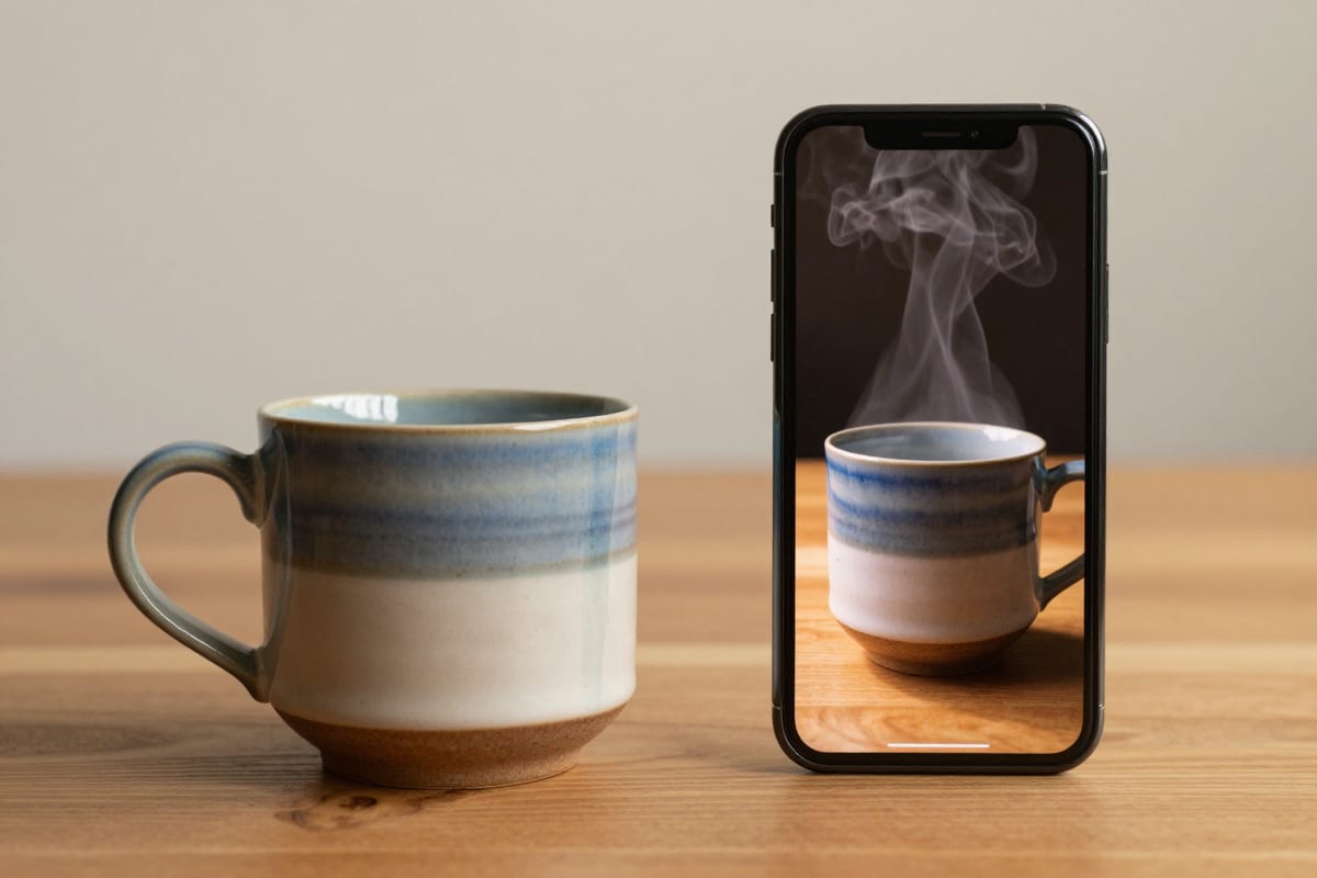 A single flat-lay product photo of a handmade ceramic mug transforming into three vertical video frames showing orbit, editorial, and push-in camera styles