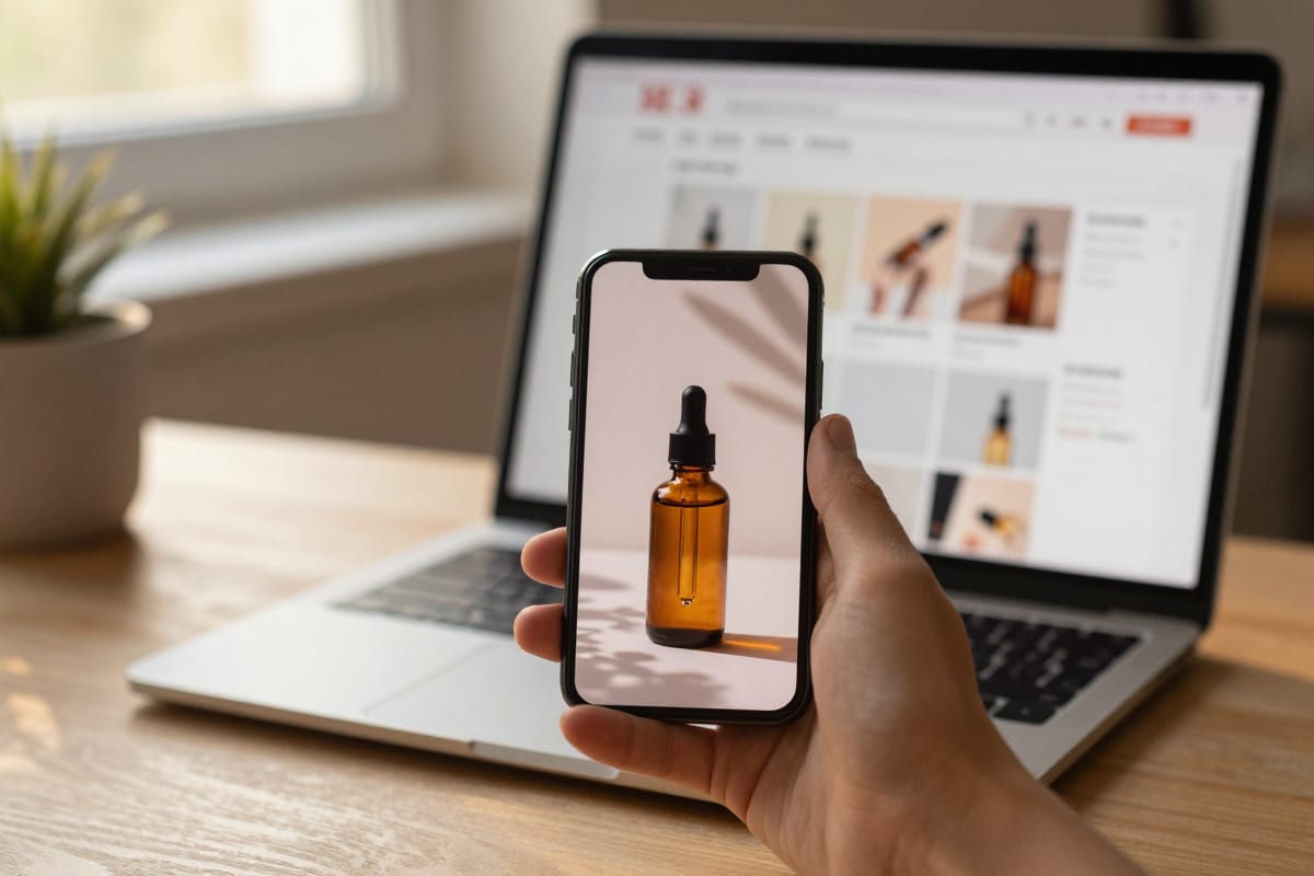 A phone screen showing a vertical ecommerce product reel of a skincare bottle mid-generation, with a laptop displaying a Shopify dashboard in the softly blurred background