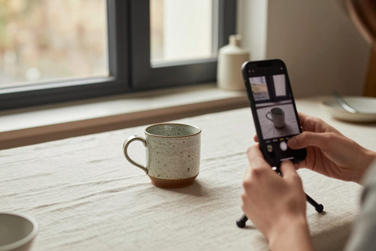 Etsy seller shooting a hero product photo of a handmade ceramic mug in soft window light for a product reel