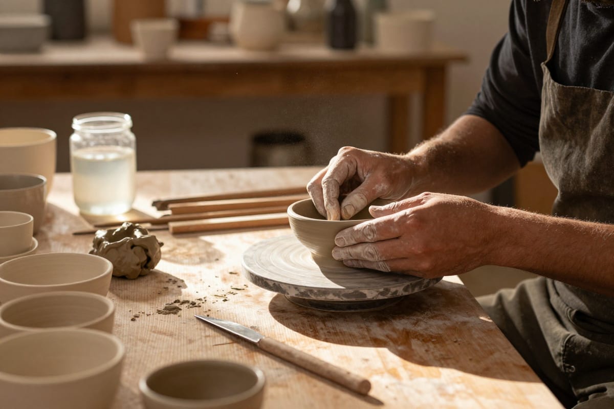 Maker's hands shaping clay at a warm sunlit workbench surrounded by materials, the maker's table product reel idea for handmade sellers