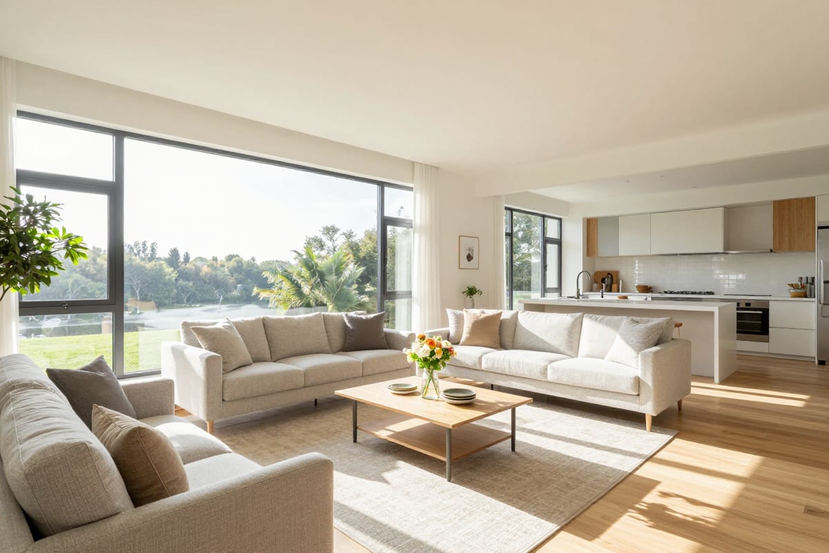Bright, sun-filled modern living room with staged furniture and large windows — the kind of hero listing photo that anchors a real estate reel