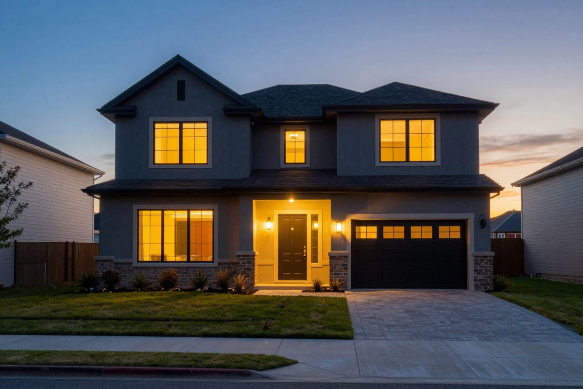 Contemporary home exterior at golden hour with warm light glowing through the windows — the classic opening frame for a just-listed real estate reel