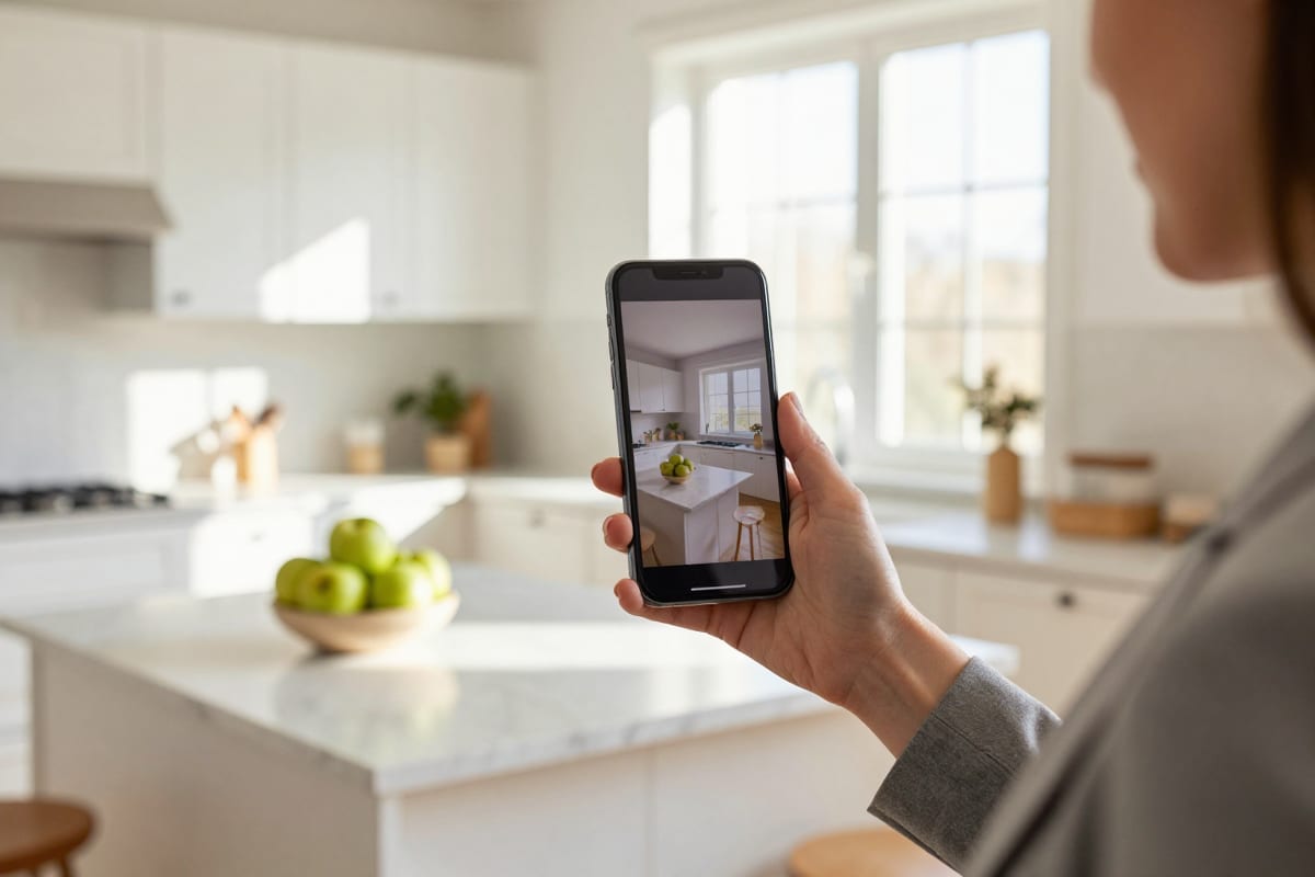 Real estate agent in a bright staged kitchen reviewing a vertical walkthrough reel of the same kitchen on her phone