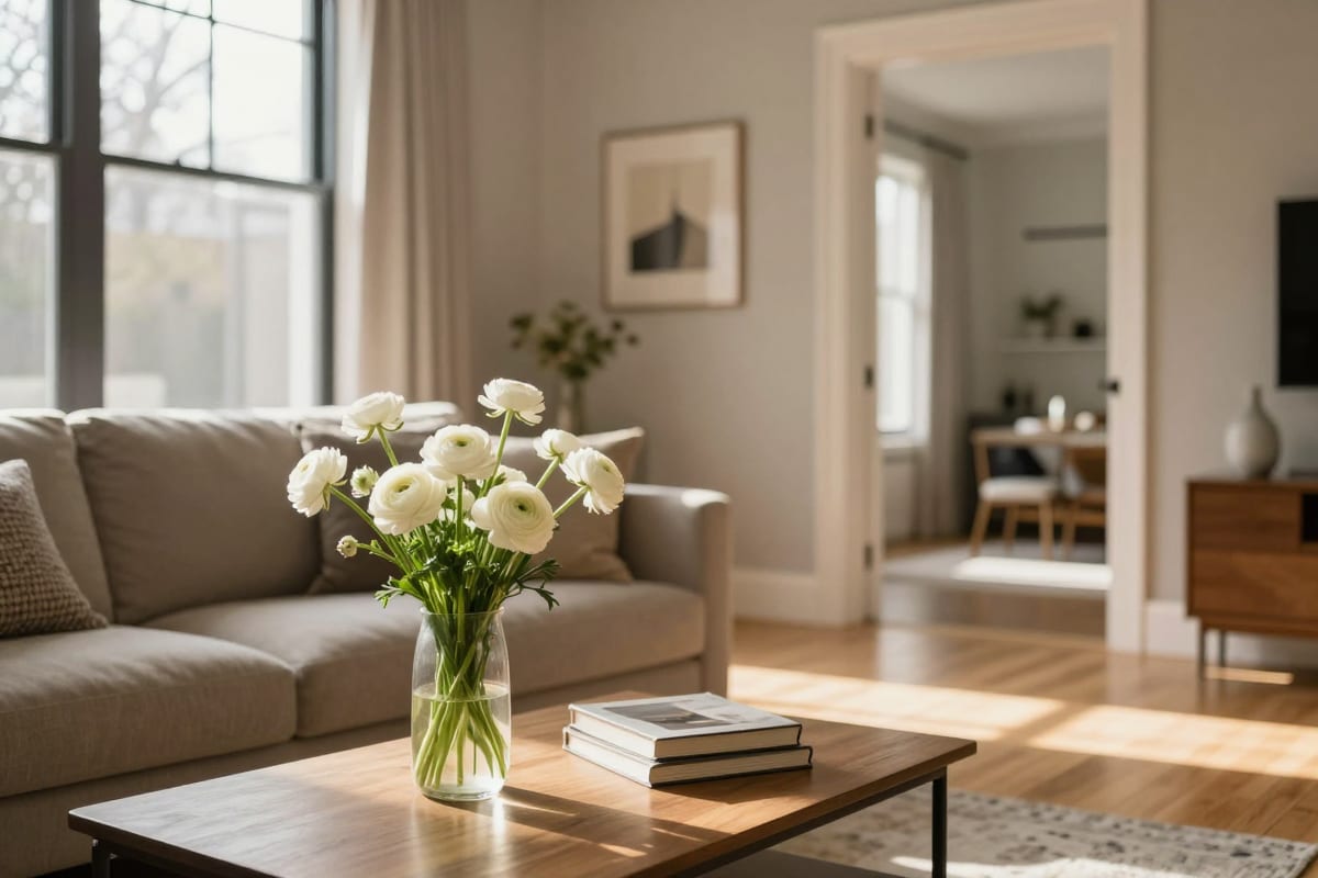 Elegantly staged living room with fresh flowers and warm afternoon light prepared for an open house reel
