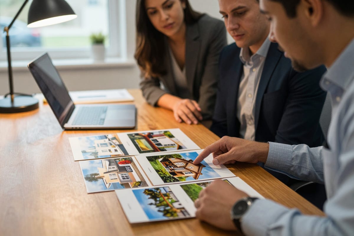 Real estate team coordinator and agents reviewing printed listing photos around an office table, planning reels for every listing