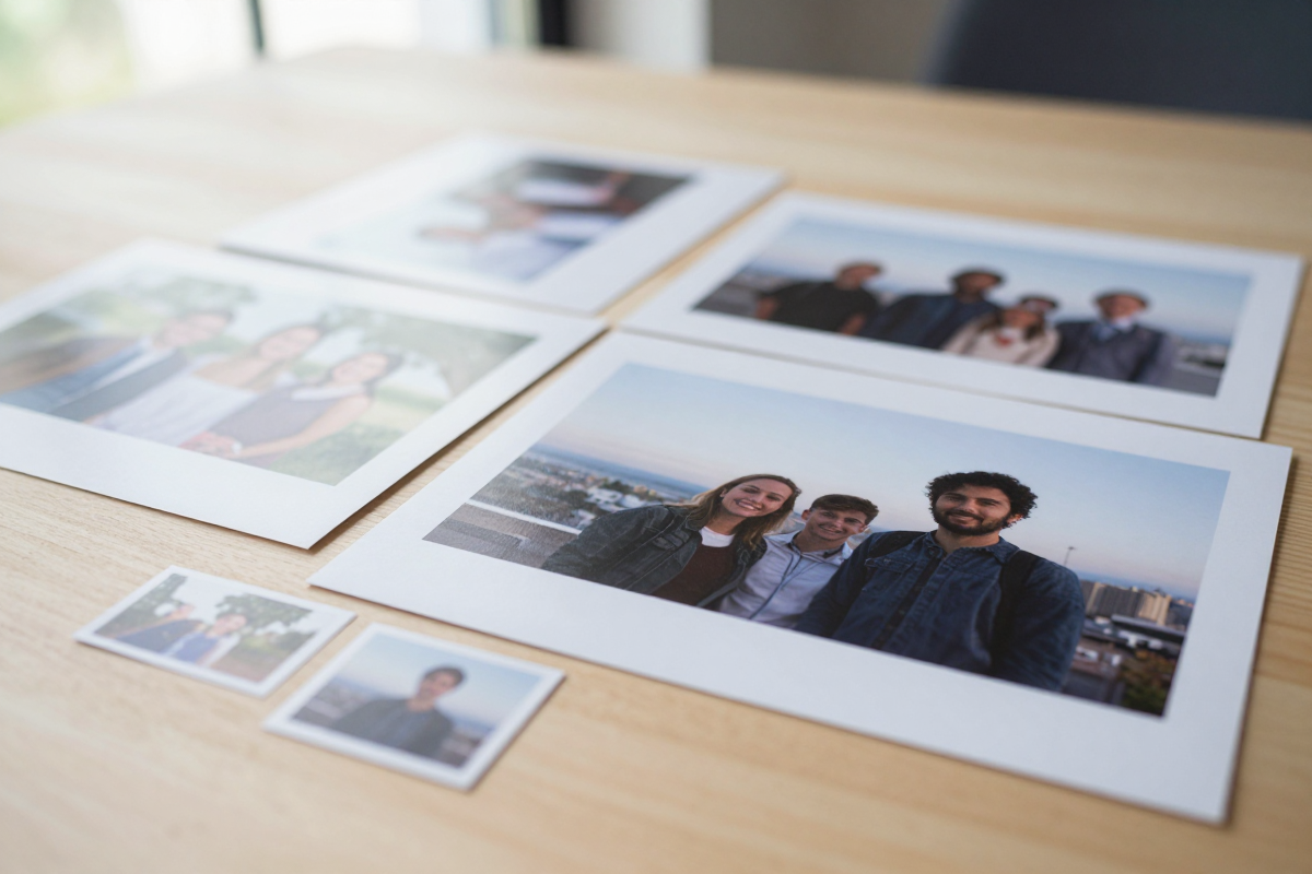 A collection of old and blurry photos being restored and enlarged