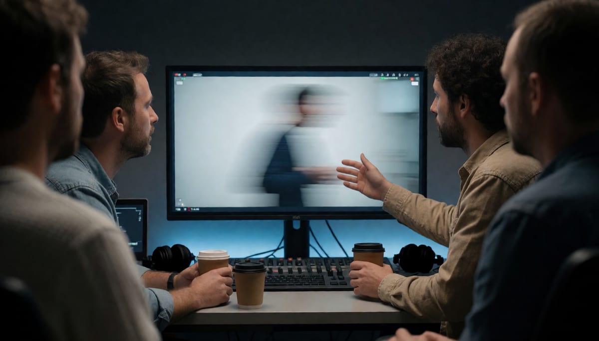 Video production team reviewing a long single-take shot on a studio monitor