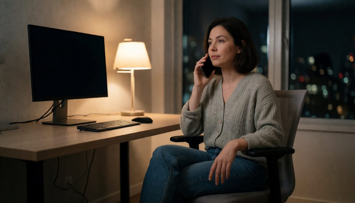 Creative director waiting on model access, phone in hand, at a production desk