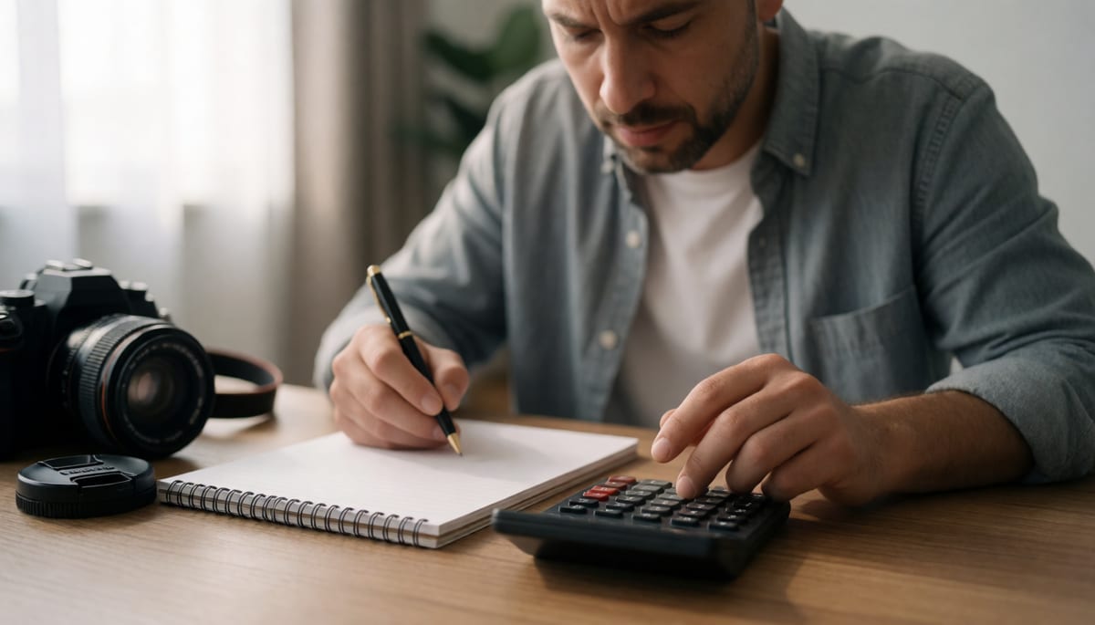 Producer costing a shot list for AI video renders at a studio desk