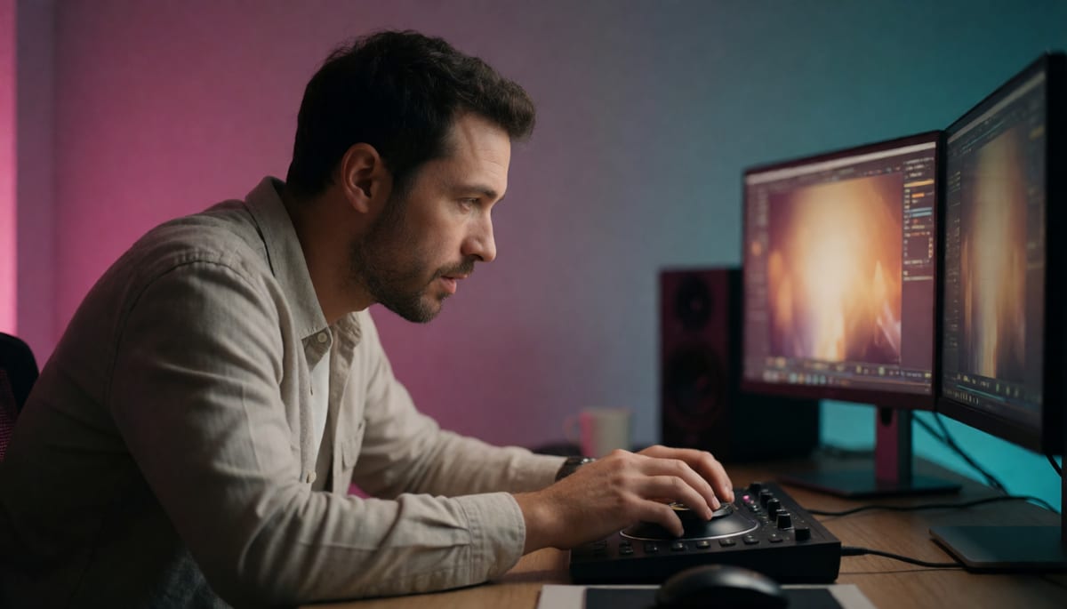 Editor cutting short-form social video in a colour-graded edit suite