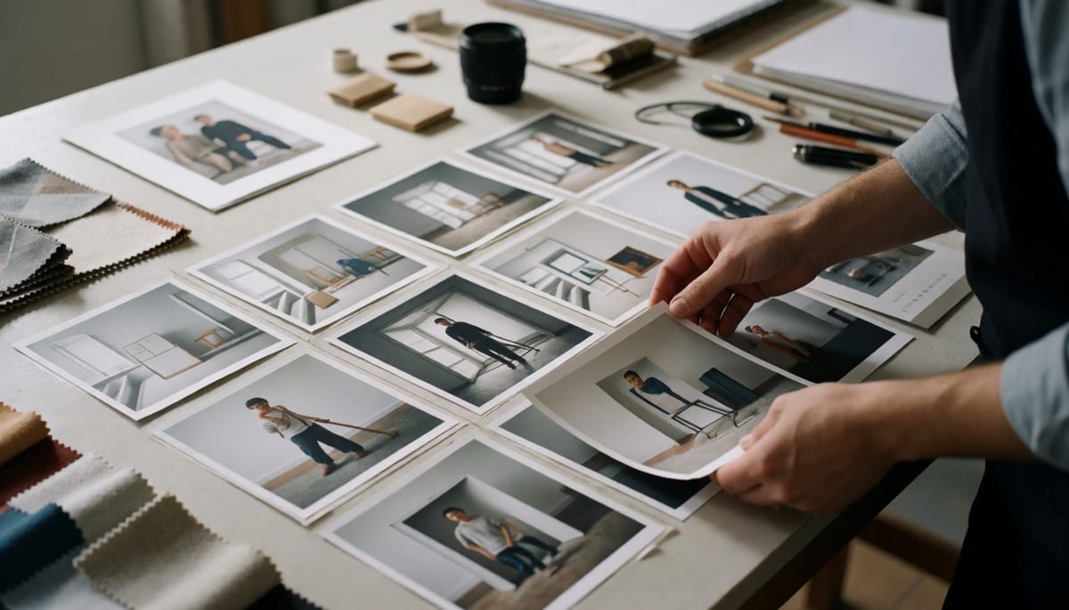 Photographer arranging reference photographs and props for a character style set