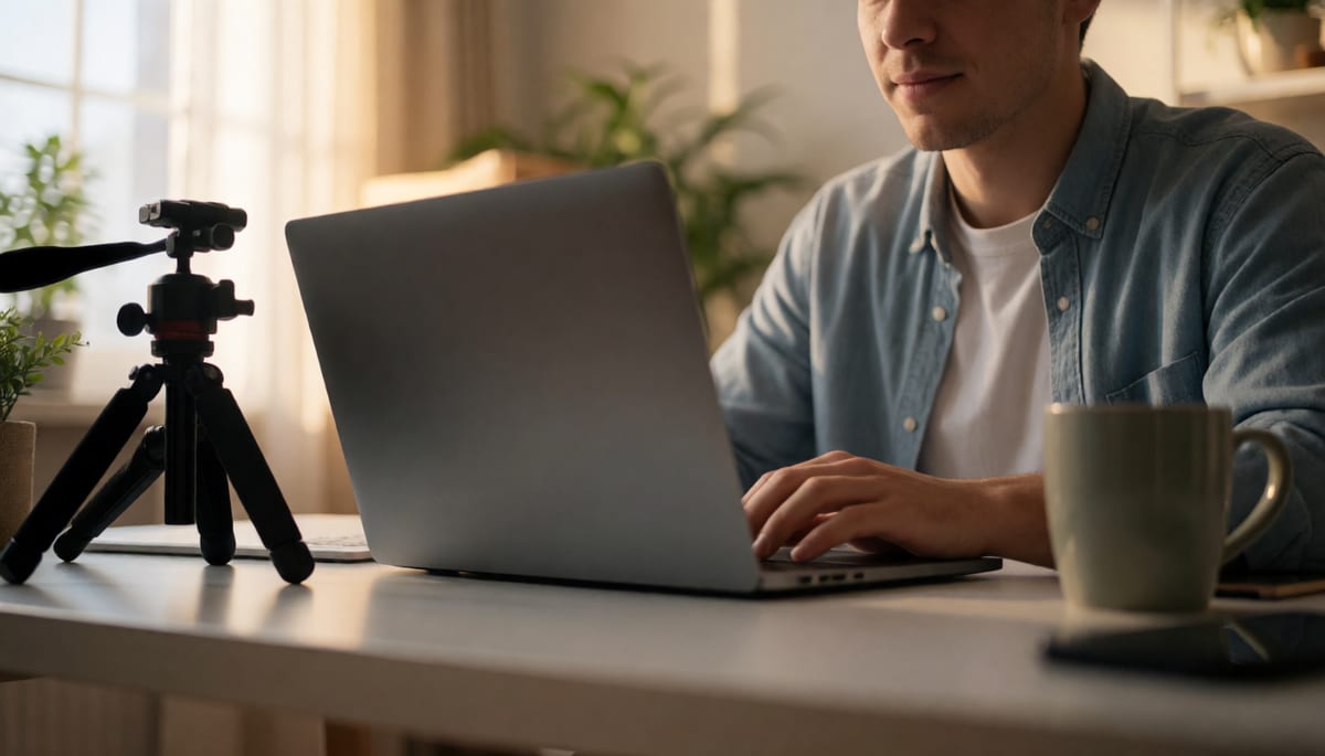 Creator generating a video shot in a browser studio on a laptop at a desk