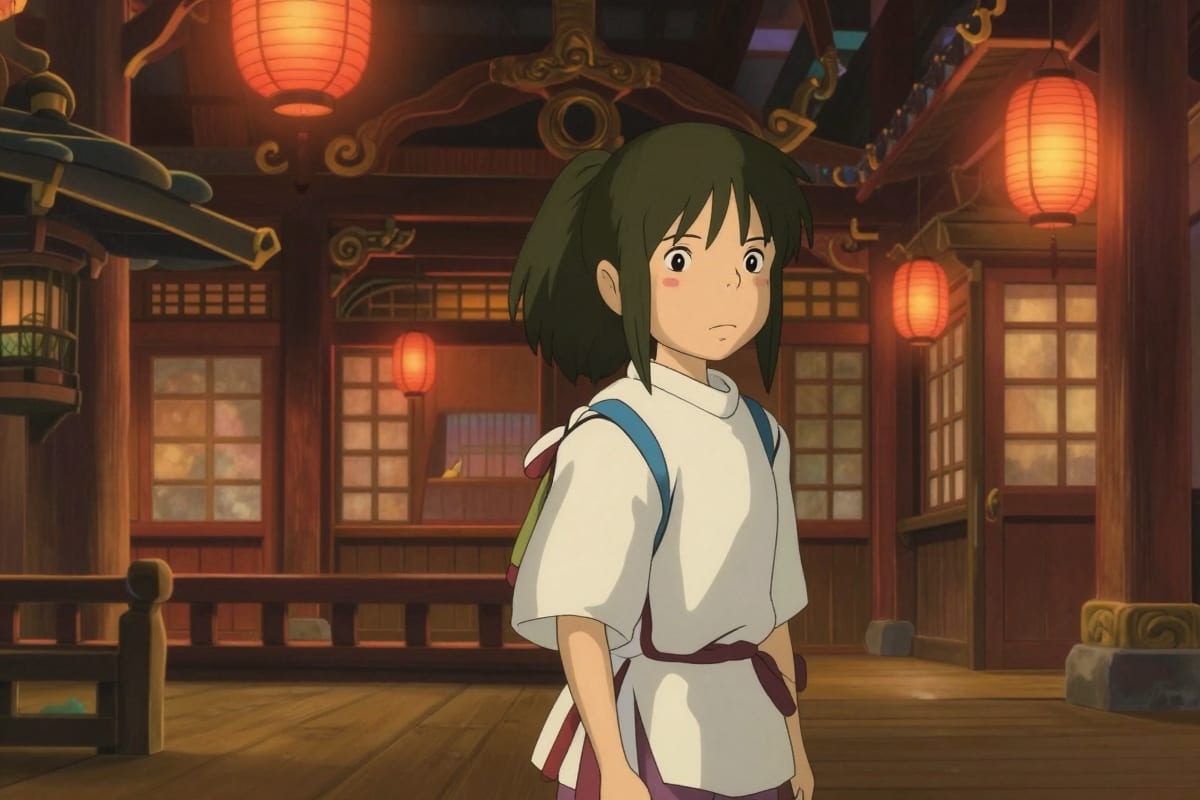 Spirited Away-style magical bathhouse interior with glowing lanterns, ornate wooden architecture, and warm amber lighting generated using a Ghibli LoRA model