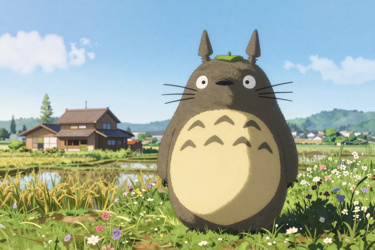 My Neighbor Totoro-style pastoral Japanese countryside with rice paddies, wildflowers, and a traditional farmhouse under a bright summer sky