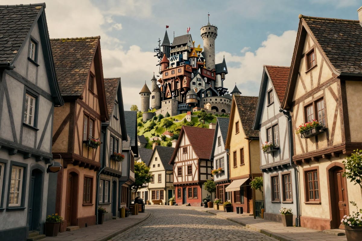Howl's Moving Castle-style European village with cobblestone streets, half-timbered buildings, and a mechanical castle on the hilltop