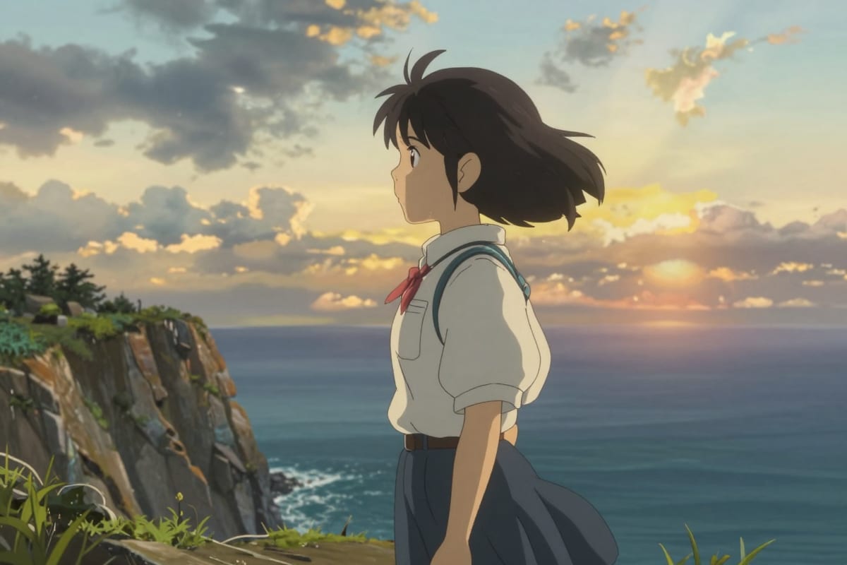 Miyazaki cinematic-style scene of a young woman on a windswept cliff overlooking the ocean with dramatic clouds and golden light