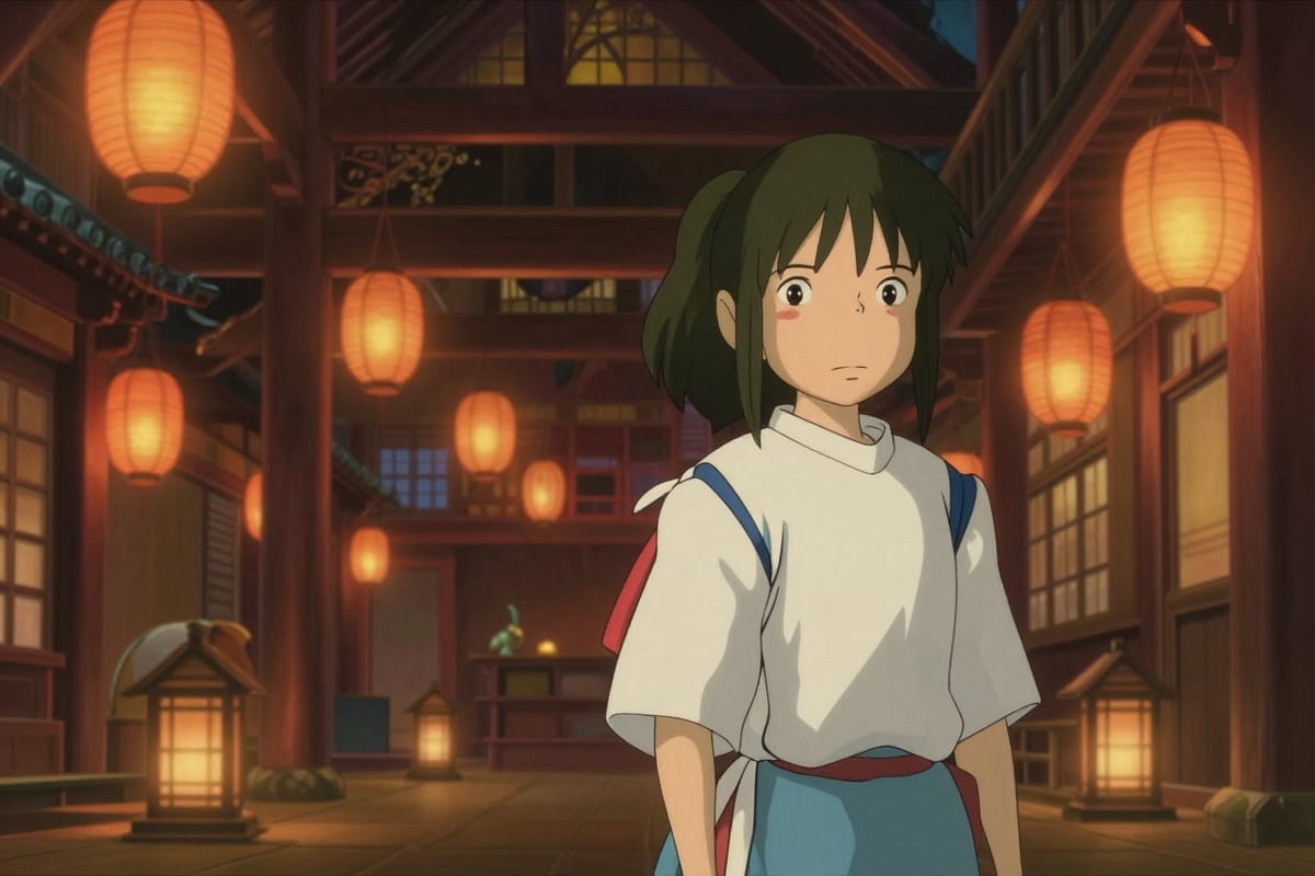 Spirited Away-style magical bathhouse interior with glowing lanterns, ornate wooden architecture, and warm amber lighting generated using a Ghibli LoRA model