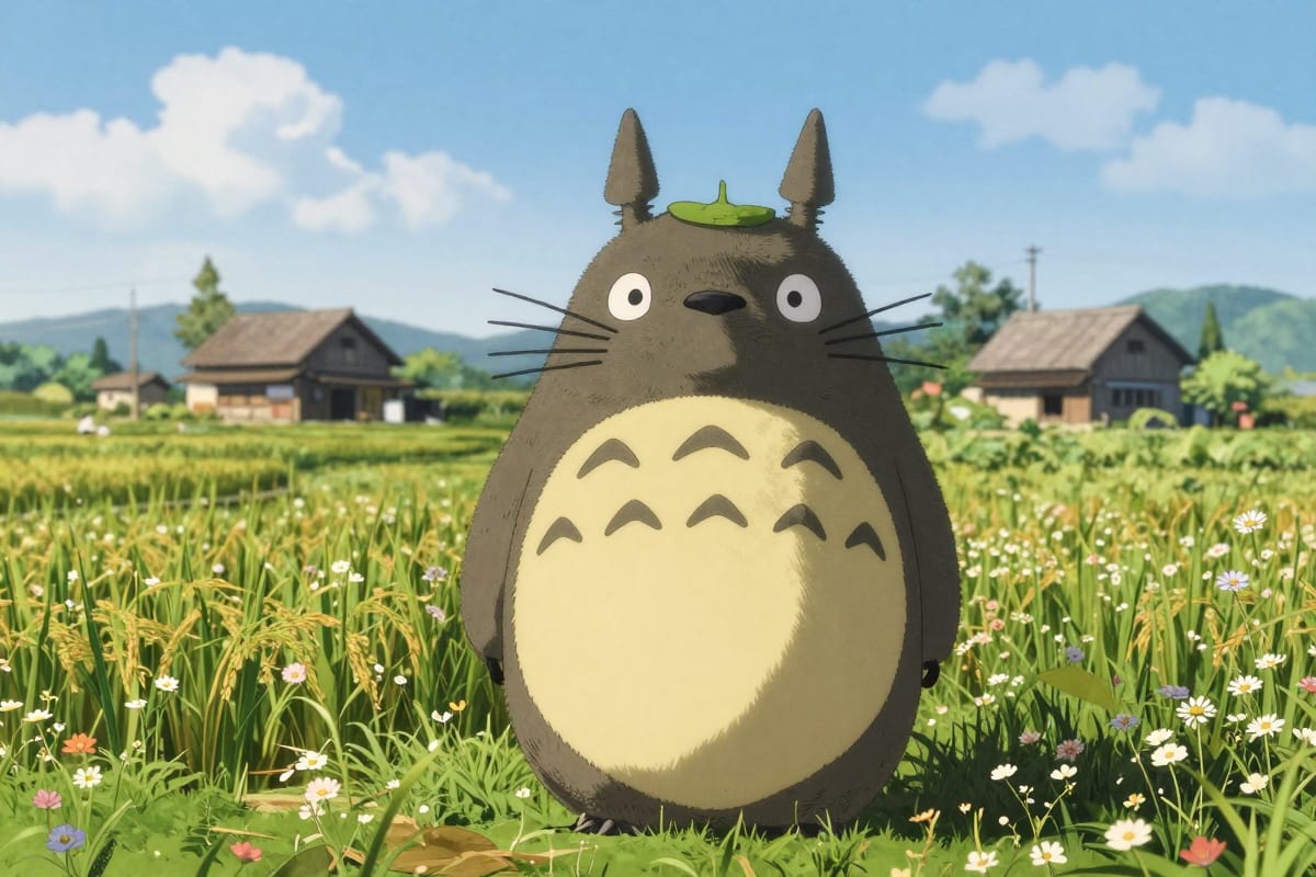 My Neighbor Totoro-style pastoral Japanese countryside with rice paddies, wildflowers, and a traditional farmhouse under a bright summer sky