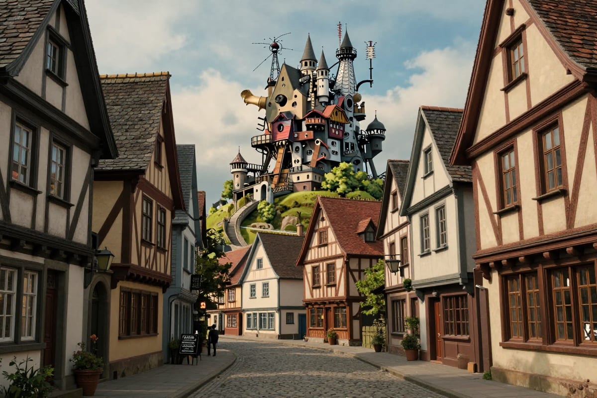 Howl's Moving Castle-style European village with cobblestone streets, half-timbered buildings, and a mechanical castle on the hilltop