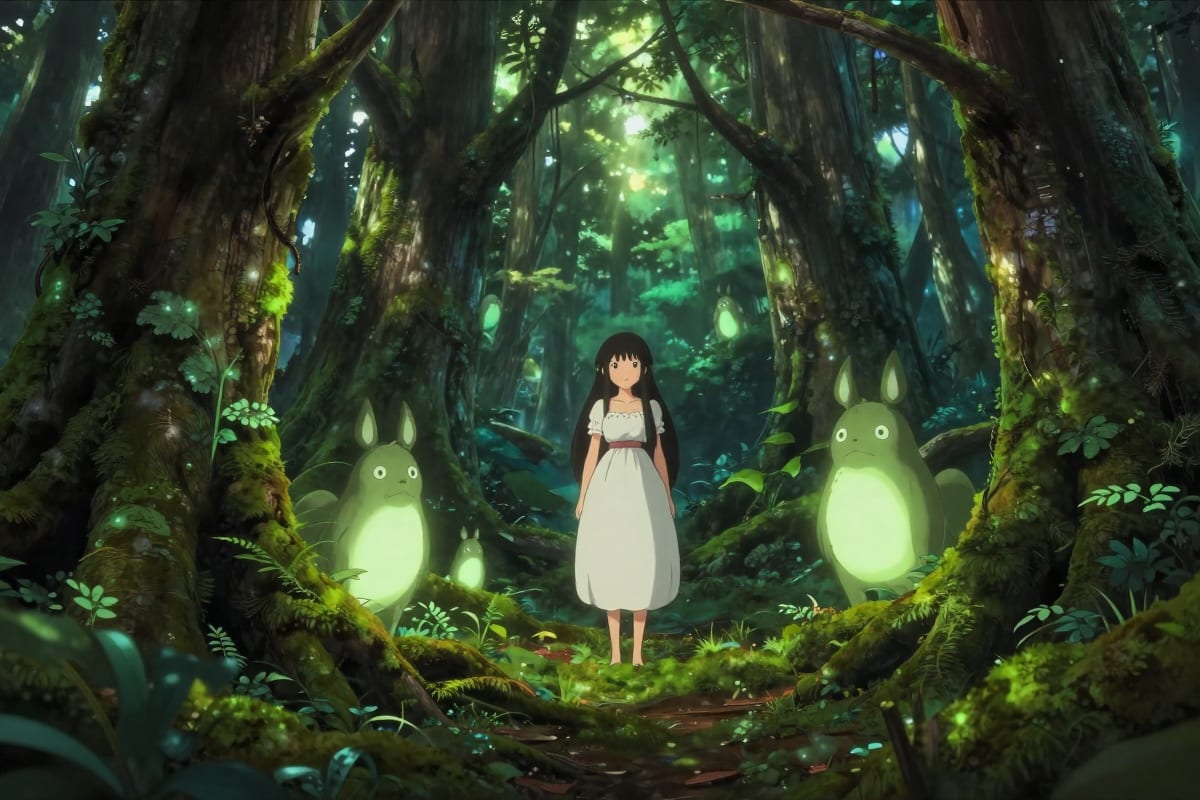 Princess Mononoke-style primeval forest with glowing kodama spirits, moss-covered ancient trees, and dappled emerald light