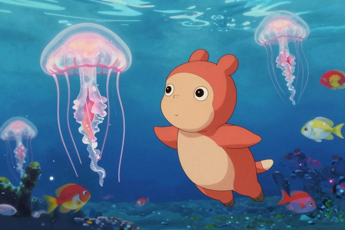 Ponyo-style vibrant underwater ocean scene with translucent jellyfish, colorful fish, and bright watercolor textures