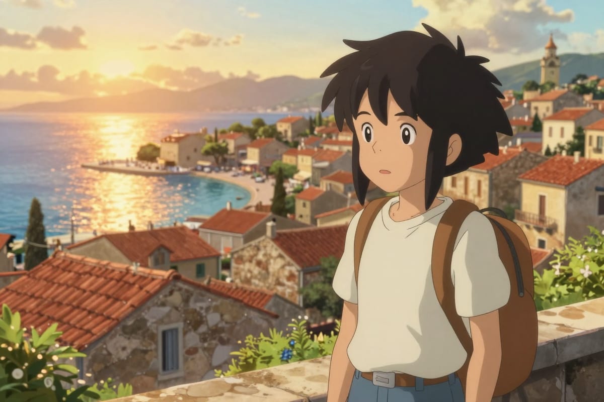 Kiki's Delivery Service-style coastal Mediterranean town with terracotta rooftops, a sparkling harbor, and warm golden sunset light