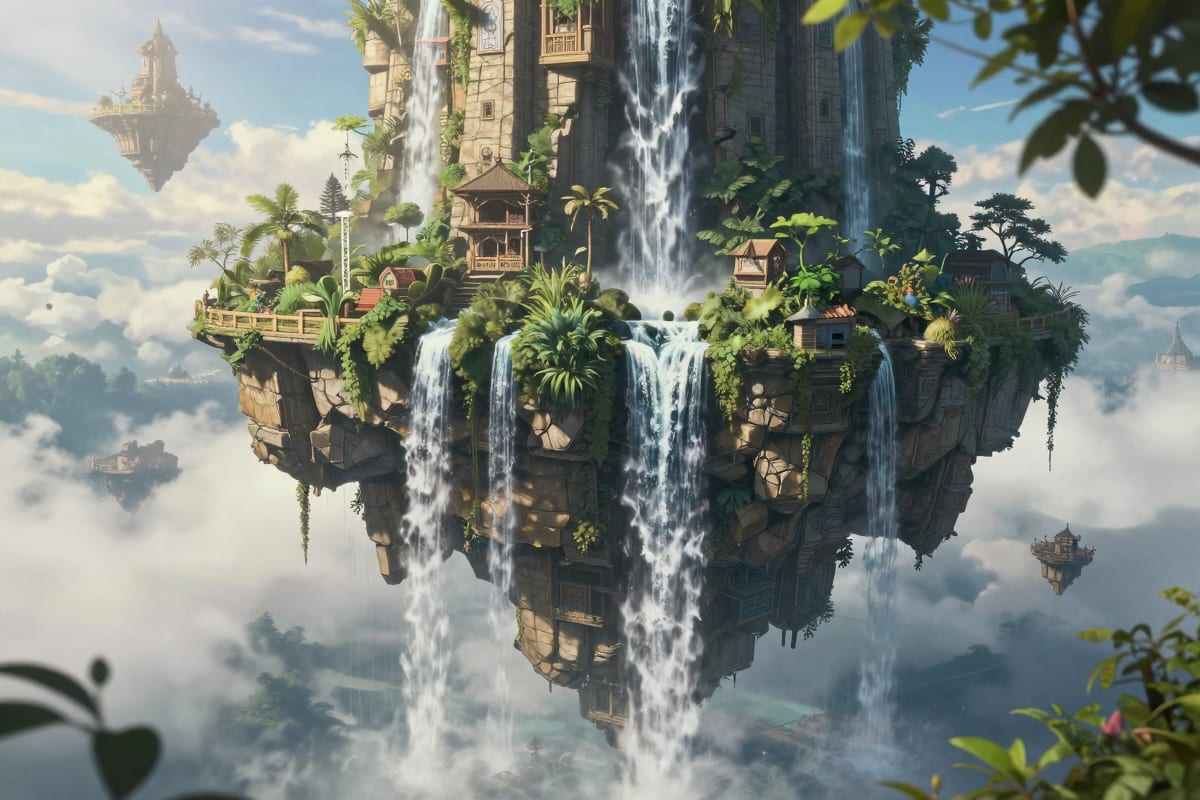 Castle in the Sky-style floating fortress among clouds with cascading waterfalls, crumbling stone, and lush overgrown vegetation