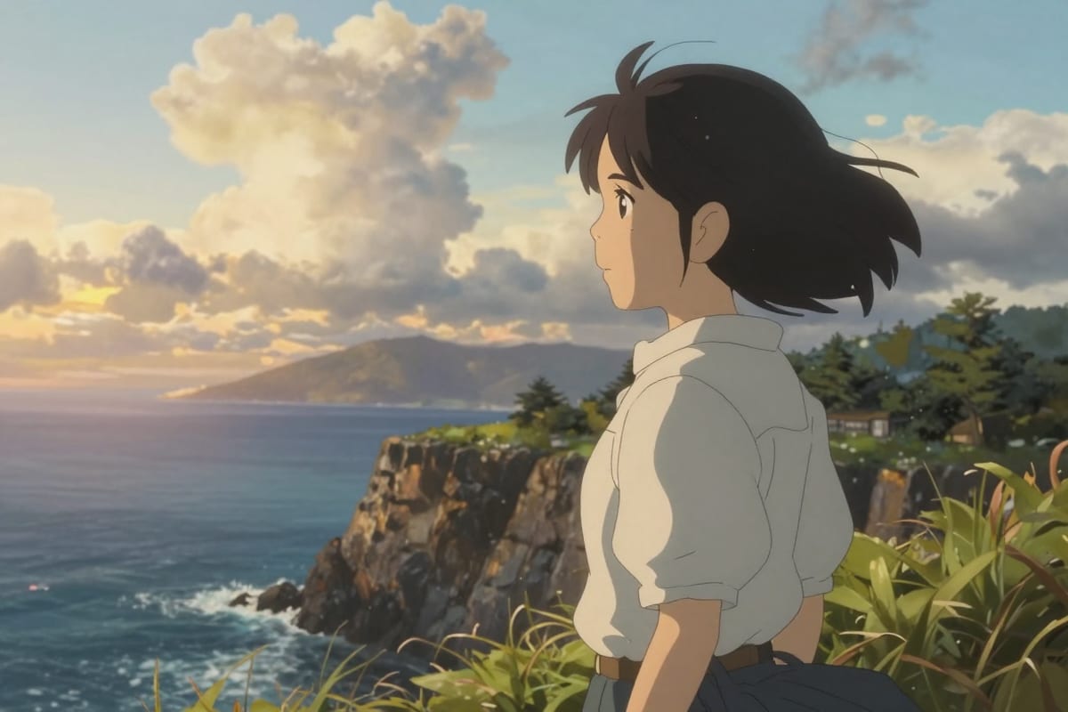Miyazaki cinematic-style scene of a young woman on a windswept cliff overlooking the ocean with dramatic clouds and golden light