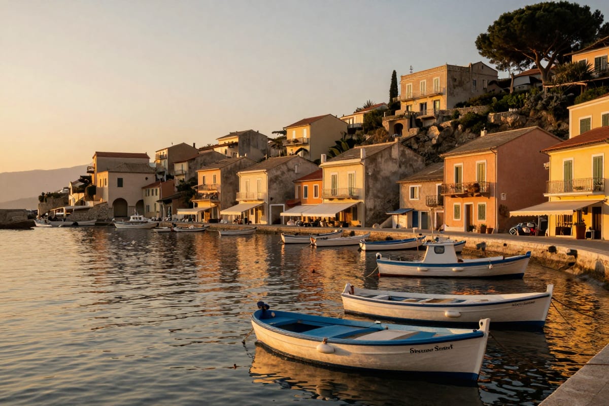 Warm coastal village scene at sunset with small fishing boats moored in a harbor, pastel-colored houses climbing a hillside, Mediterranean atmosphere with golden light reflecting on calm water