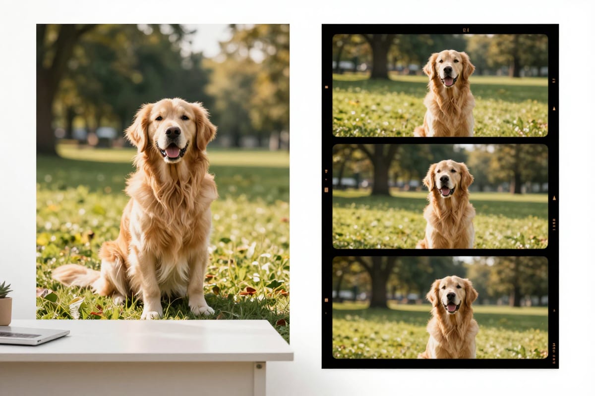 A single photo of a golden retriever shown alongside frames from the cinematic reel generated from it, same dog and setting now in motion