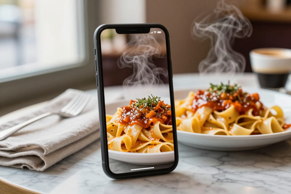A phone displaying a vertical food reel of a pasta dish with rising steam, next to the original photo of the same plate on a café table