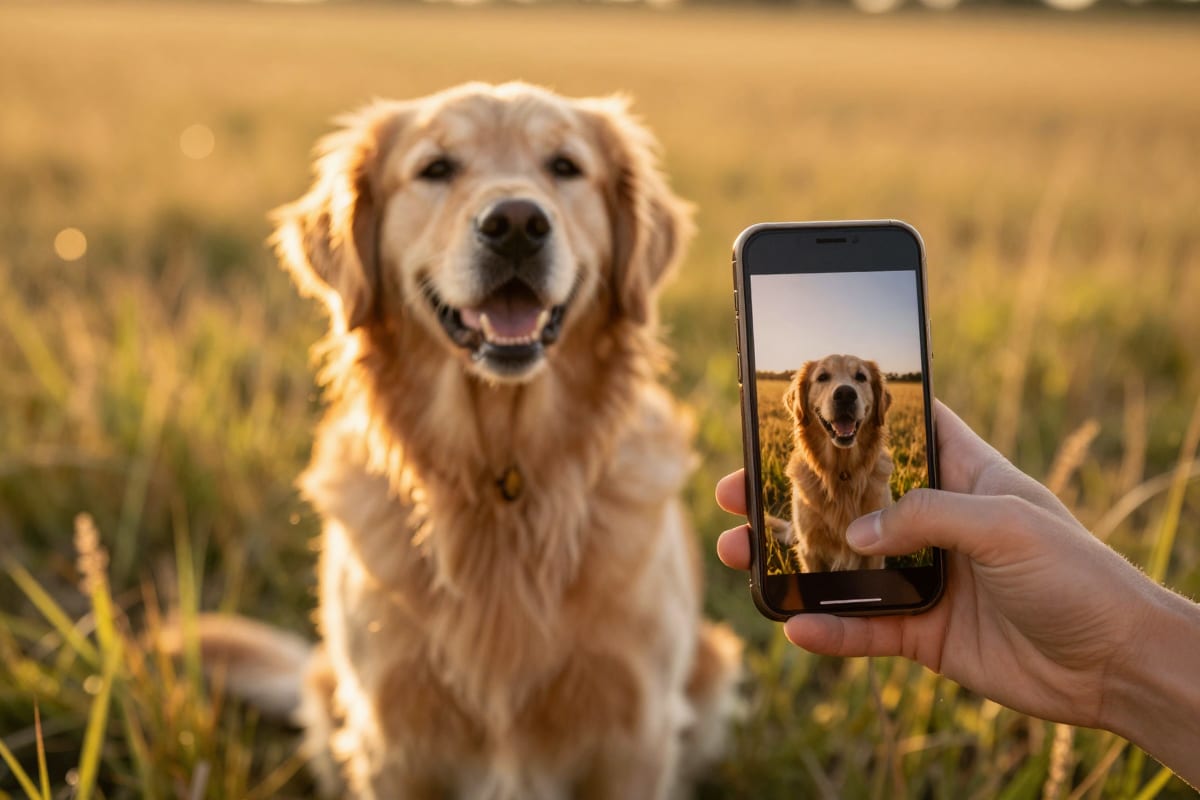 Owner filming golden retriever energy at sunset, phone screen showing a vertical pet reel of the same happy dog