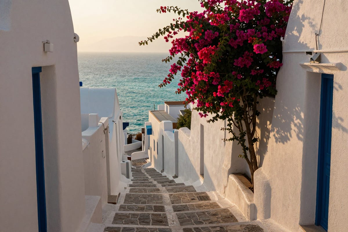 Sunlit Mediterranean coastal street curving toward the sea, the kind of travel photo with depth that becomes cinematic B-roll
