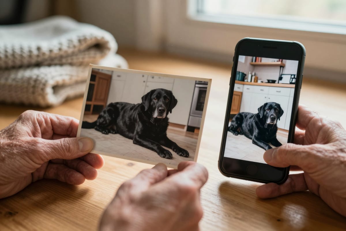 Hands holding a faded old printed photo of a beloved dog in warm window light, bringing old photos to life as a gentle keepsake video
