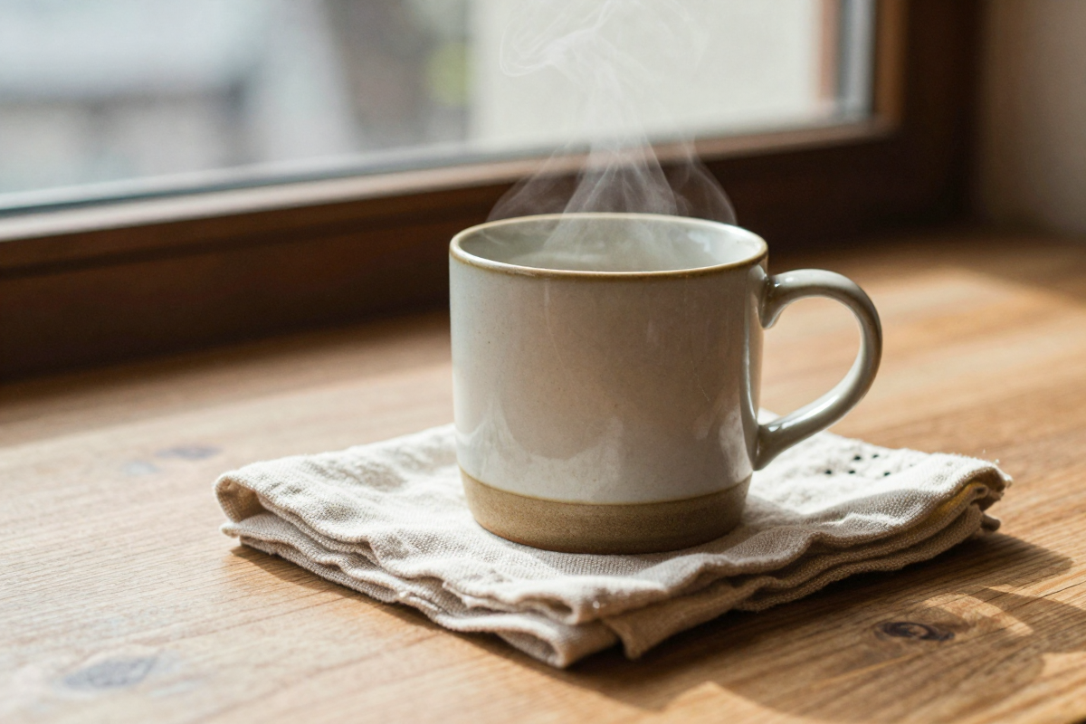 Realistic lifestyle product photo of a mug on a wooden table with natural light and texture