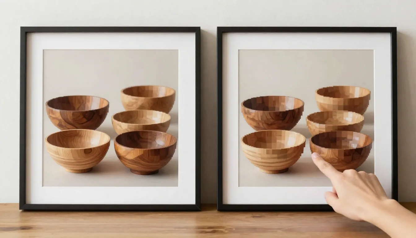 AI generated art next to pixelated low resolution print mockup